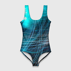 Купальник-боди 3D женский Неоновые волны и линии - Голубой, цвет: 3D-принт