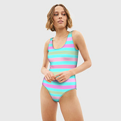 Купальник-боди 3D женский Pink turquoise stripes horizontal Полосатый узор, цвет: 3D-принт — фото 2