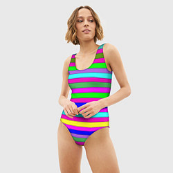 Купальник-боди 3D женский Multicolored neon bright stripes, цвет: 3D-принт — фото 2