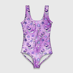 Купальник-боди 3D женский Танцующие русалки на фиолетовом, цвет: 3D-принт