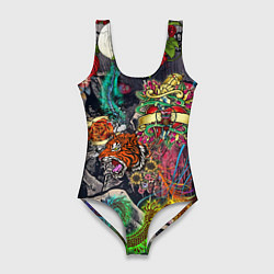 Купальник-боди 3D женский Цветные татуировки, цвет: 3D-принт