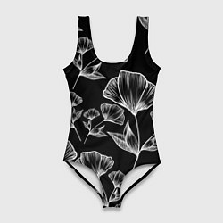 Женский купальник-боди Графичные цветы на черном фоне