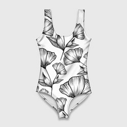 Женский купальник-боди Графичные цветы на белом фоне