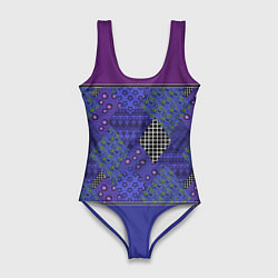 Купальник-боди 3D женский Combined burgundy-blue pattern with patchwork, цвет: 3D-принт