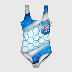 Купальник-боди 3D женский Синий герб России на объемном фоне, цвет: 3D-принт