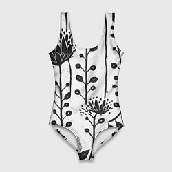 Женский купальник-боди Нарисованные монохромные цветы