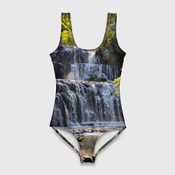 Купальник-боди 3D женский Водопад, солнечные лучи и лес, цвет: 3D-принт