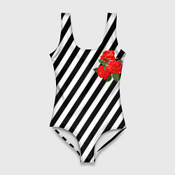 Женский купальник-боди Черно-белые полоски с букетом роз