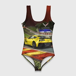 Купальник-боди 3D женский Chevrolet Corvette на гоночной трассе, цвет: 3D-принт