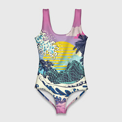 Купальник-боди 3D женский Штормовые океанские волны и пальмы, цвет: 3D-принт