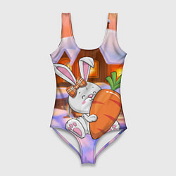 Купальник-боди 3D женский Зайчик с большой морковью, цвет: 3D-принт