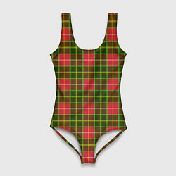 Купальник-боди 3D женский Ткань Шотландка красно-зелёная, цвет: 3D-принт