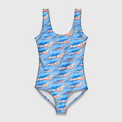 Женский купальник-боди Плывущие девушки на голубом фоне
