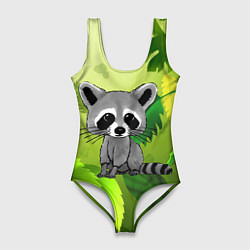 Купальник-боди 3D женский Енот на фоне зеленой листвы, цвет: 3D-принт