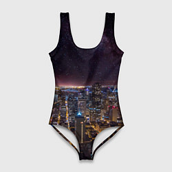 Купальник-боди 3D женский Ночной город и звёзды на небе, цвет: 3D-принт