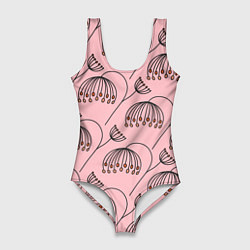 Женский купальник-боди Цветы в стиле бохо на пудрово-розовом фоне