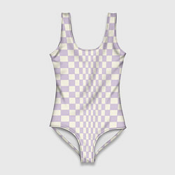 Купальник-боди 3D женский Искаженная шашечка - лавандовый, цвет: 3D-принт