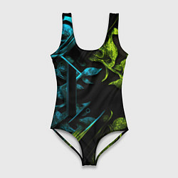 Женский купальник-боди Зеленые и синие абстрактные листья