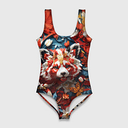 Купальник-боди 3D женский Красная панда в цветах, цвет: 3D-принт
