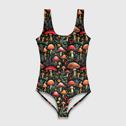 Женский купальник-боди Сказочные грибы мухоморы паттерн