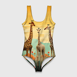 Купальник-боди 3D женский Три жирафа в стиле фолк-арт, цвет: 3D-принт