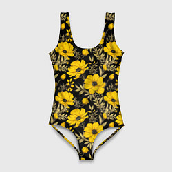 Женский купальник-боди Желтые цветы на черном фоне паттерн