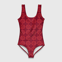 Женский купальник-боди Цветочный стилизованный паттерн бордовый