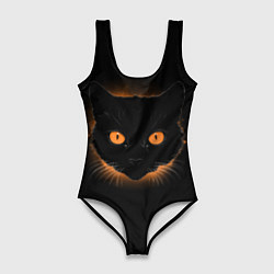 Купальник-боди 3D женский Портрет черного кота в оранжевом свечении, цвет: 3D-принт