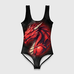 Женский купальник-боди Красный дракон на полигональном черном фоне