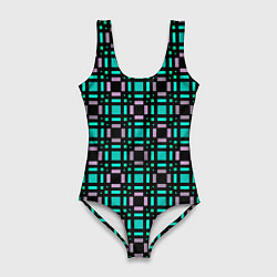 Купальник-боди 3D женский Зелено-сиреневый с черный клетчатый узор, цвет: 3D-принт