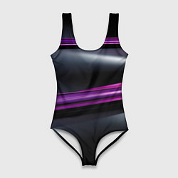 Купальник-боди 3D женский Фиолетовые полосы на черном фоне, цвет: 3D-принт
