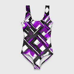 Купальник-боди 3D женский Фиолетовые и чёрные мазки, цвет: 3D-принт