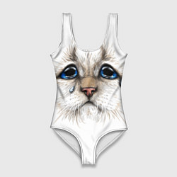 Купальник-боди 3D женский Белый плачущий кот, цвет: 3D-принт