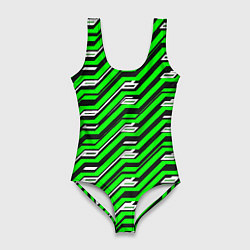 Женский купальник-боди Чёрно-зелёный линейный узор киберпанк