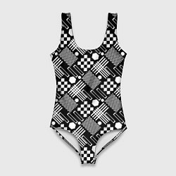 Купальник-боди 3D женский Черно белый узор из геометрических фигур, цвет: 3D-принт