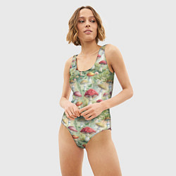 Купальник-боди 3D женский Дикие грибы лесные мухоморы, цвет: 3D-принт — фото 2