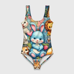 Купальник-боди 3D женский Funny hare and his friends - patchwork, цвет: 3D-принт