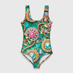 Женский купальник-боди Ювелирные бирюзовые украшение с золотом и бриллиан