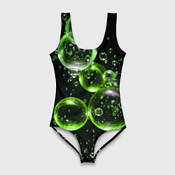 Купальник-боди 3D женский Зеленые пузыри на черном, цвет: 3D-принт