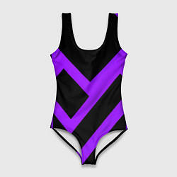 Купальник-боди 3D женский Фиолетово-белые полосы на чёрном фоне, цвет: 3D-принт