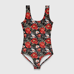 Купальник-боди 3D женский Красные цветы пиона паттерн, цвет: 3D-принт