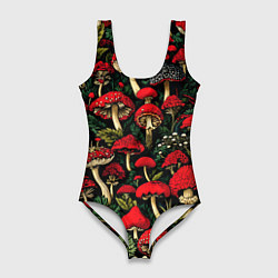 Женский купальник-боди Лесные красные грибы мухоморы - паттерн