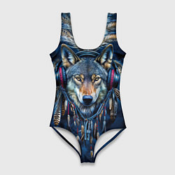 Купальник-боди 3D женский Волк в наушниках и перья - индейский диджей, цвет: 3D-принт