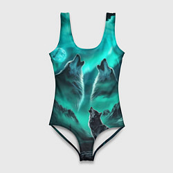 Купальник-боди 3D женский Волки воют на луну и северное сияние, цвет: 3D-принт