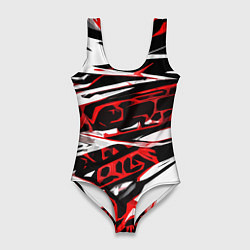 Женский купальник-боди Красно-чёрная агрессивная абстракция на белом фоне