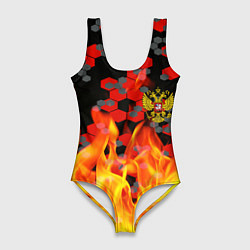 Женский купальник-боди Герб РФ броня в огне