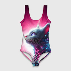 Купальник-боди 3D женский Космический кибер котёнок - неоновое свечение, цвет: 3D-принт