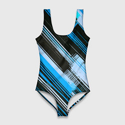 Женский купальник-боди Синие диагональные полосы на чёрном фоне