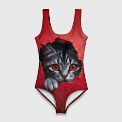 Купальник-боди 3D женский Выглядывающий котик, цвет: 3D-принт