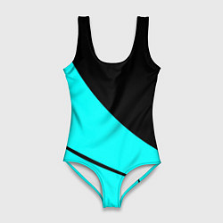 Женский купальник-боди Чёрный и неоновый голубой двуцветный с полосой